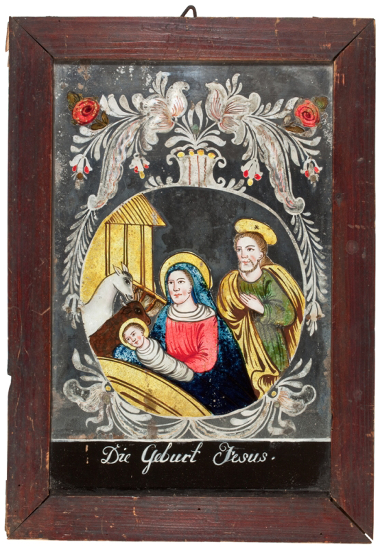 Obraz na szkle, Boże Narodzenie, tło lustrzane, XIX w., Dolny Śląsk