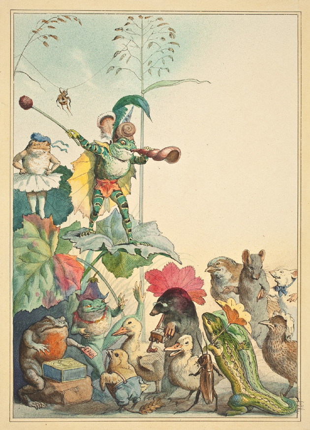 Teatr żab – projekt ilustracji do książki dla dzieci napisanej przez Juliusa Lohmeyera, Fedor Flinzer, 1880, rysunek (akwarela, tusz), Muzeum Narodowe we Wrocławiu