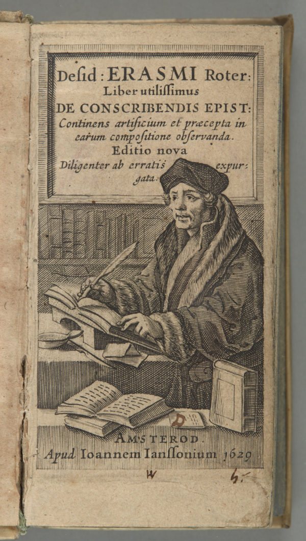 Erazm z Rotterdamu, sławny niderlandzki humanista podczas pracy pisarskiej. Miedziorytnicza karta tytułowa, E. Roterodamus, Liber utilissimus, Amsterdam 1629