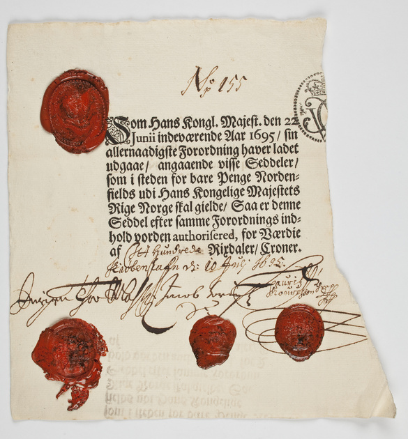 Norwegia, Chrystian V (1670–1699), Banknot na 10 rigsdaler, Kopenhaga, papier, 1695, MNK