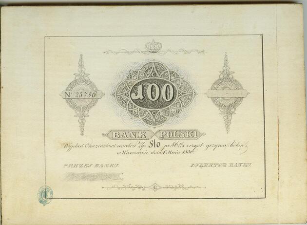 Królestwo Polskie (1815–1832), Bank Polski, Projekt biletu bankowego na 100 złotych, papier, 1830, Dar Czapskich, MNK