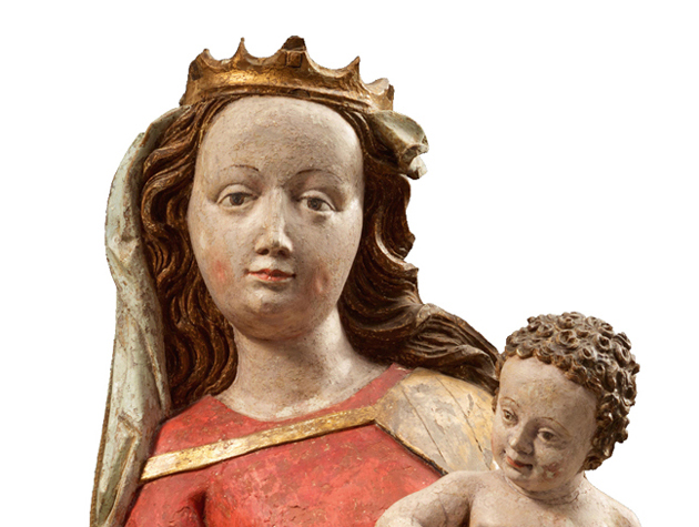 Mistrz z Frankonii, „Madonna z Dzieciątkiem na masce lunarnej” (fragment), polichromia, złocenia, drewno, wys. 147 cm, ca. 1480-1490, Kolekcja Galerii Zderzak