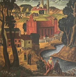 Leon Kosmulski, „Krajobraz z postaciami” (praca dyplomowa), olej na płótnie, 1936, Muzeum Akademii Sztuk Pięknych w Wilnie