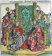 papież Pius II i cesarz Fryderyk III — "Kronika świata" Hartmanna Schedla z 1493 roku