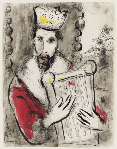 Marc Chagall (1887–1985), Król Dawid z lirą (Roi David à la harpe), 1967, tusz, gwasz, ołówek, papier kremowy. Muzeum Narodowe w Warszawie, fot. Igor Oleś / Muzeum Narodowe w Warszawie