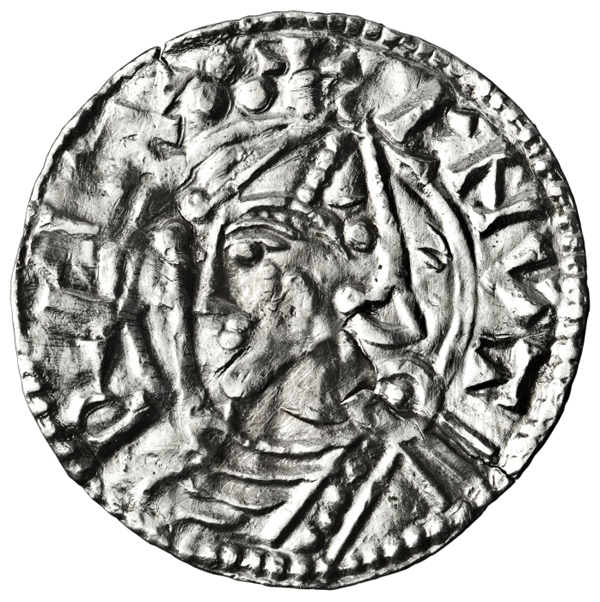 Awers (rekonstrukcja) srebrnego pensa króla Knuta I Wielkiego (996/997-1035)