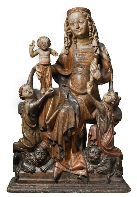 Pracownia Mistrza Figur Apostołów, Tronująca Maria z Dzieciątkiem na lwach (zw. Madonną ze Skarbimierza), druga tercja XIV wieku; Muzeum Narodowe we Wrocławiu
