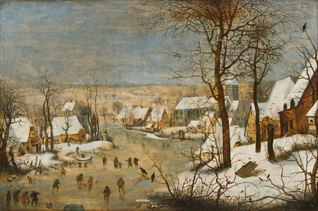 Brueghel, Pejzaż zimowy z łyżwiarzami i pułapką na ptaki, ok. 1600