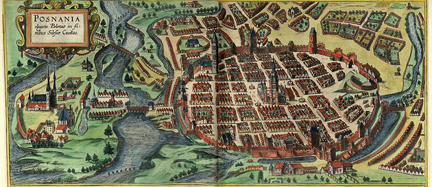 Poznań na rycinie z 1618 r. Doskonale widać otaczające miasto średniowieczne mury. Rys. Frans Hohenberg i Georg Braun