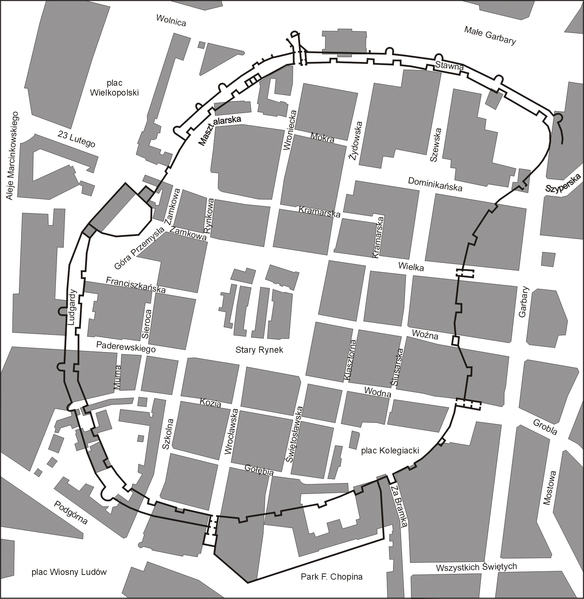 Plan średniowiecznych fortyfikacji nałożony na współczesne centrum Poznania. Rys. Poznaniak, Creative Commons