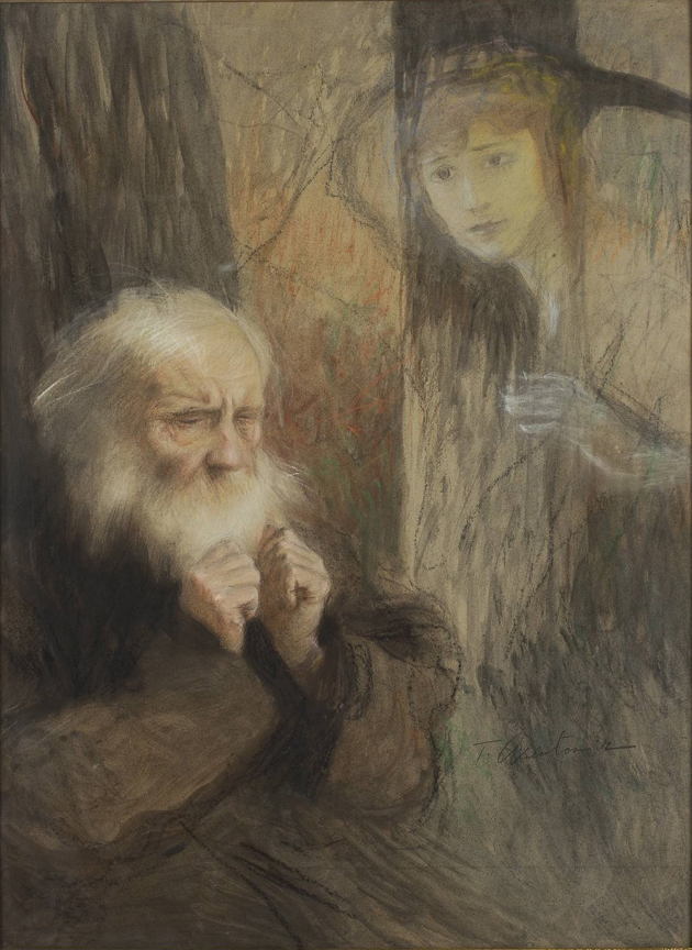 Teodor Axentowicz (1859-1938), Starzec i zjawa młodej kobiety, po 1900, pastel