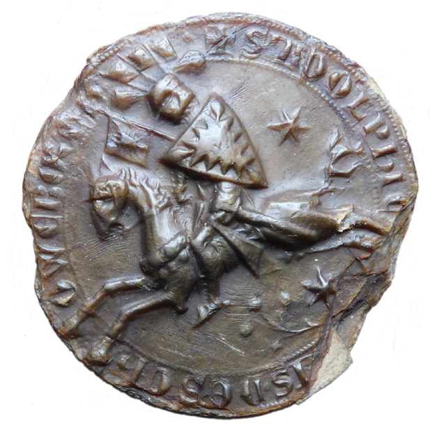 Pieczęć konna hrabiego Adolfa VII Młodszego, współwładcy Hrabstwa Holsztynu i Schaumburga w latach 1359–1390