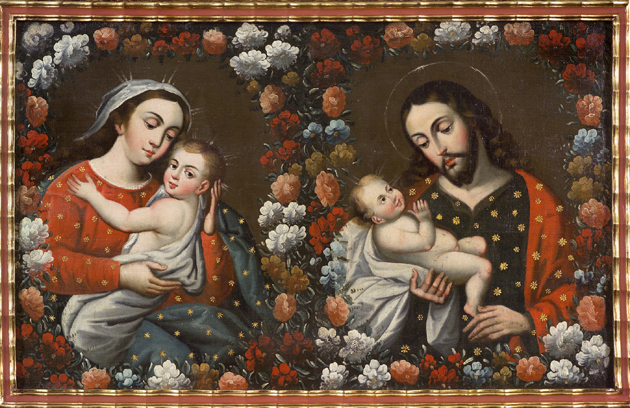 Matka Boska z Dzieciątkiem, św. Józef i Dzieciątko Jezus, autor nieznany, Cuzco, XVIII w., olej, płótno — Colección Barbosa-Stern
