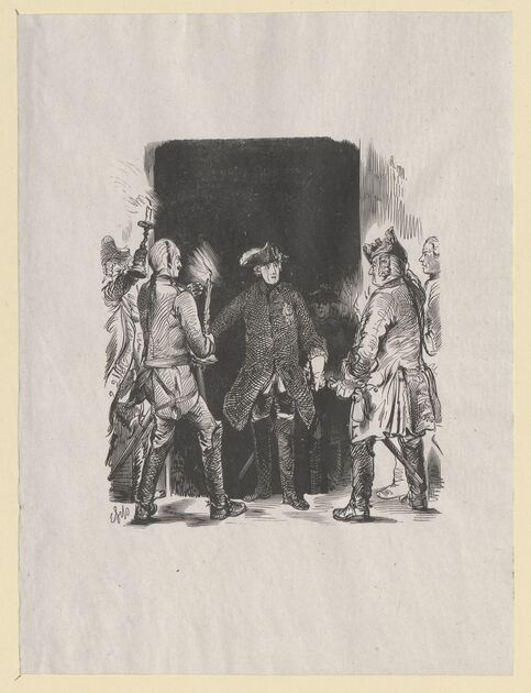 Friedrich Unzelmann według Adolpha Menzla, Fryderyk II na zamku w Leśnicy, 1840–1842, drzeworyt sztorcowy, papier, Muzeum Narodowe w Warszawie Friedrich Unzelmann według Adolpha Menzla, Fryderyk II na zamku w Leśnicy, 1840–1842, drzeworyt sztorcowy, papier, Muzeum Narodowe w Warszawie
