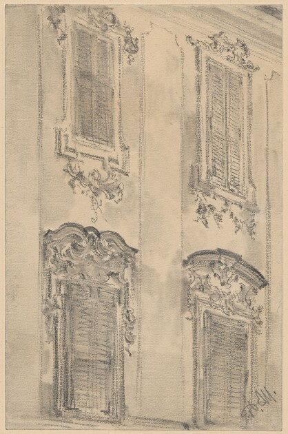 Adolph Menzel, Okna w rokokowej fasadzie zamku królewskiego w Berchtesgaden, 1884?, ołówek, fiszorek, papier, Muzeum Narodowe w Warszawie Adolph Menzel, Okna w rokokowej fasadzie zamku królewskiego w Berchtesgaden, 1884?, ołówek, fiszorek, papier, Muzeum Narodowe w Warszawie